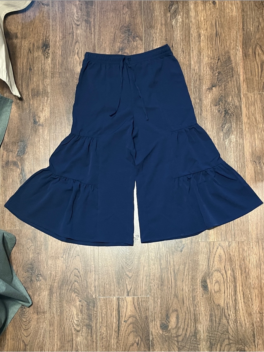 Tiered Wide-Leg Navy Pants with Drawstring Waist